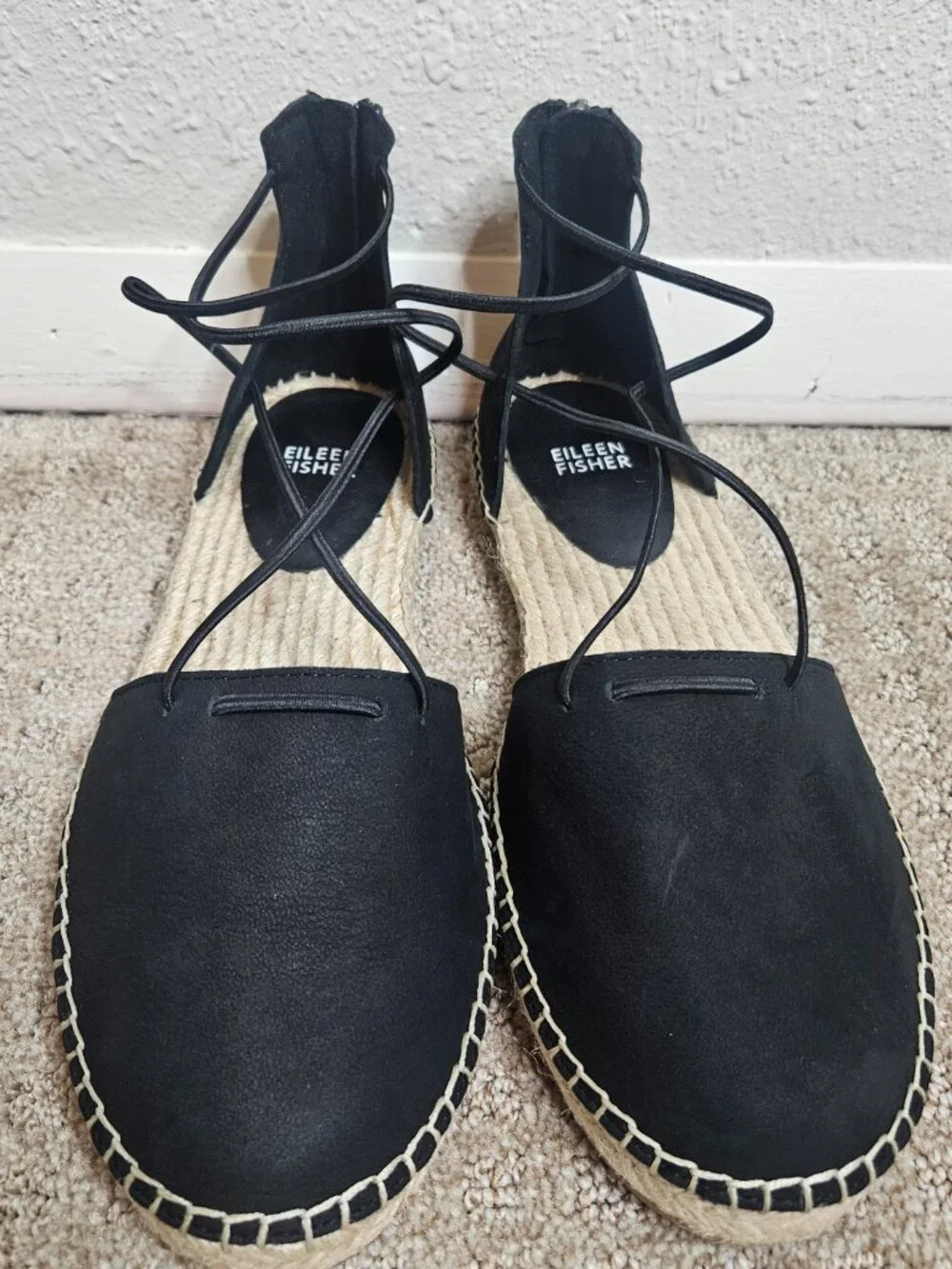 New EILEEN FISHER Black Lace-Up Espadrille Flat Sandal Women's 9 Summer Vacation